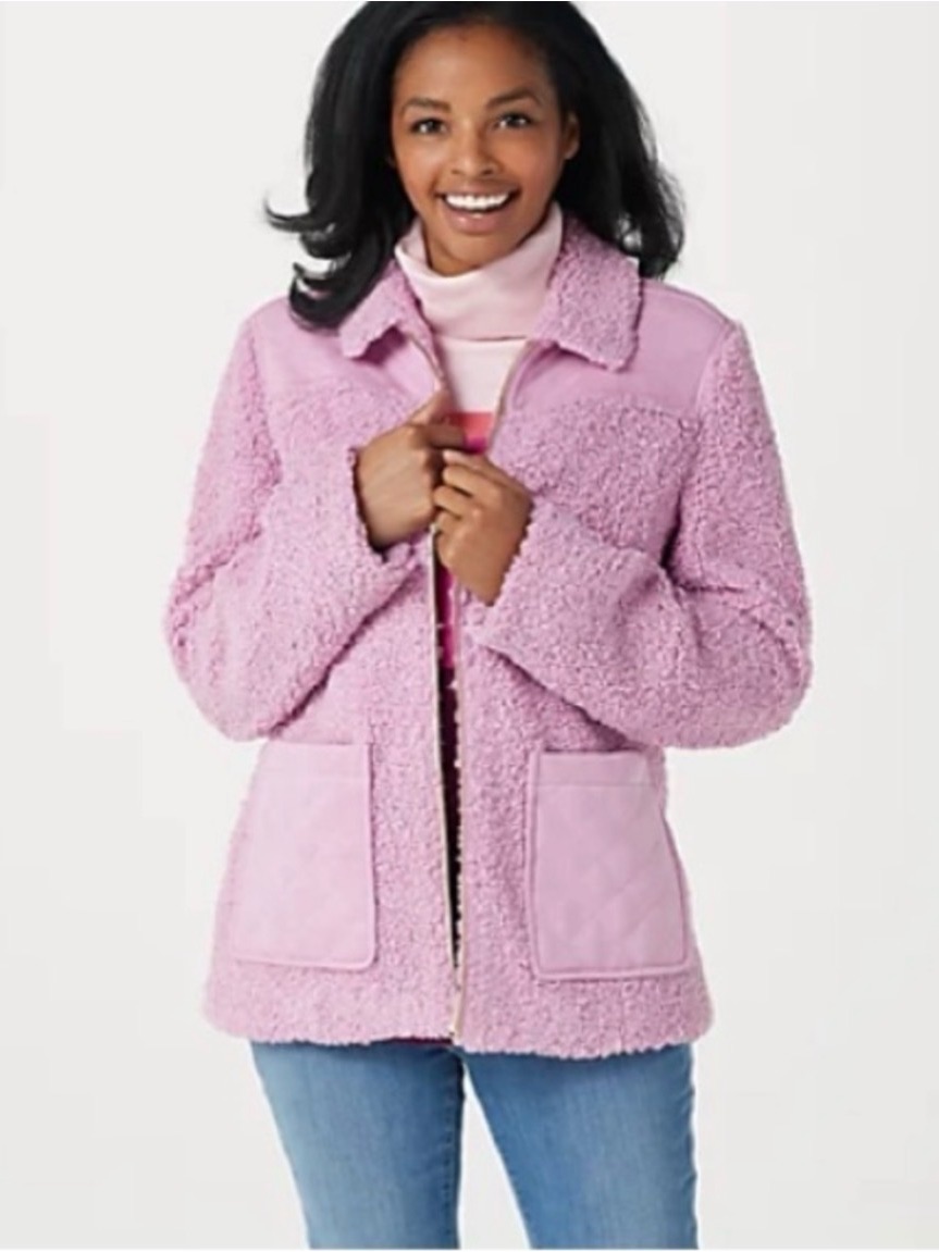 Isaac Mizrahi Live Purple Sherpa / Quilted Full Zip Dusty Rose Size Large